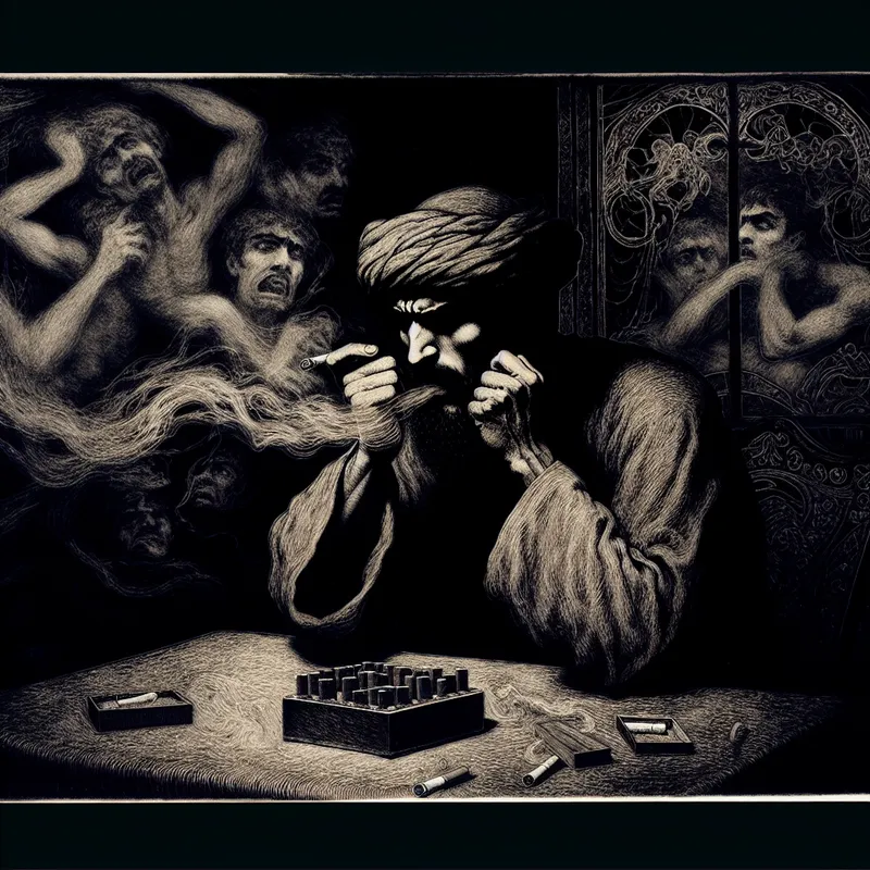 Een persoon met een intense blik zit aan een tafel met een pak sigaretten, symboliseert innerlijke strijd.