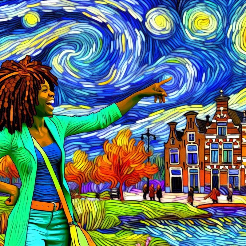 Een persoon die animatisch aanwijst naar een gebouw in een levendig landschap.