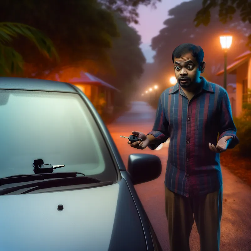 Persoon met een verwarde en beschaamde uitdrukking naast een auto, met sleutels op het dak