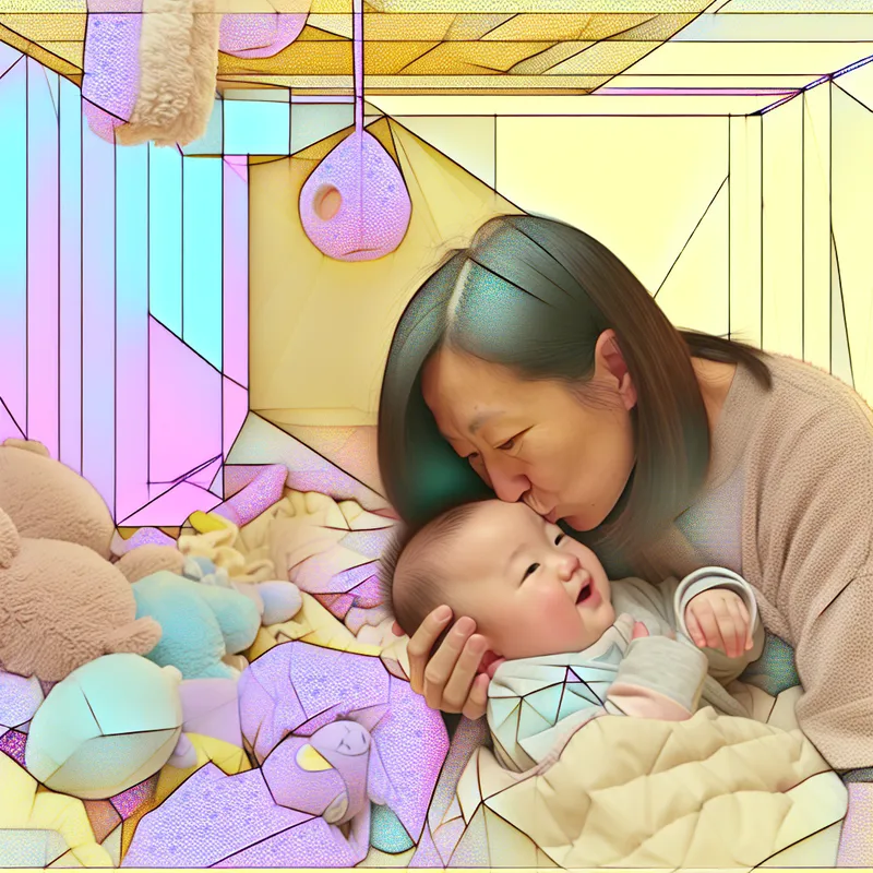 Een persoon kust een baby op het voorhoofd in een warme, gezellige setting.