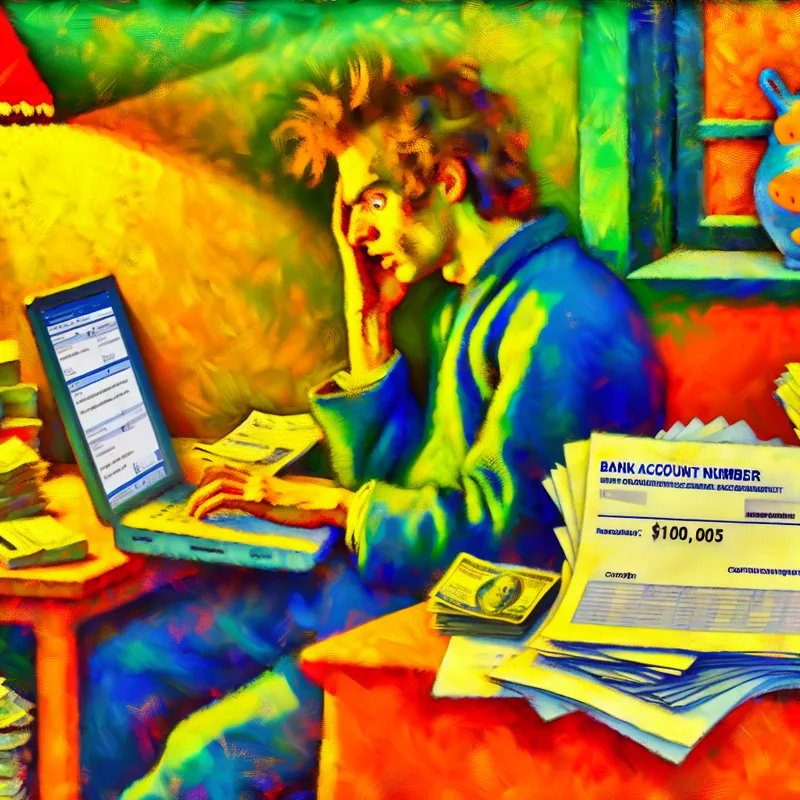 Persoon type rekeningnummer in laptop met urgentie, omringd door bankafschriften en een warme sfeer.