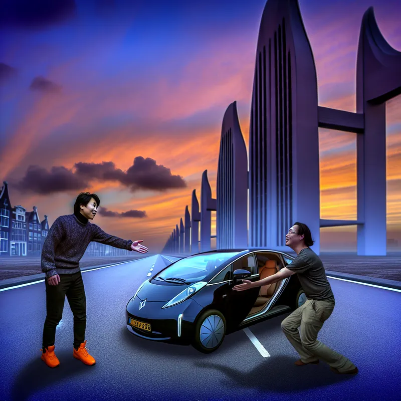 Een persoon biedt een lift aan een vriend in een surrealistische straat bij schemering, met een futuristische auto op de achtergrond.
