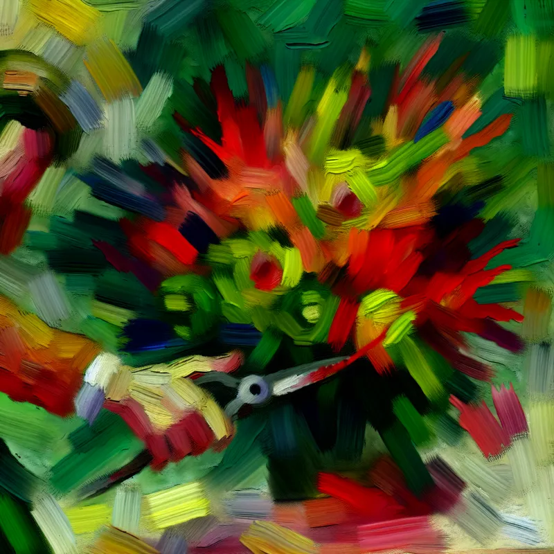 Abstracte afbeelding van een persoon die de kop van een bloem afsnijdt met energieke bewegingen.