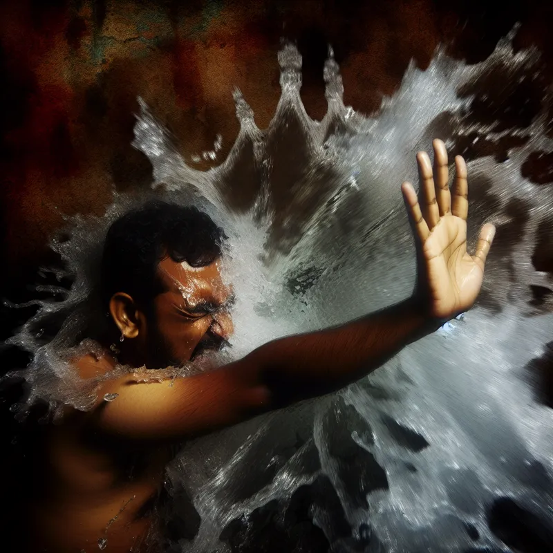 Een persoon die zijn hand gebruikt om een sterke waterstroom te blokkeren, met spatten en golven om hem heen.