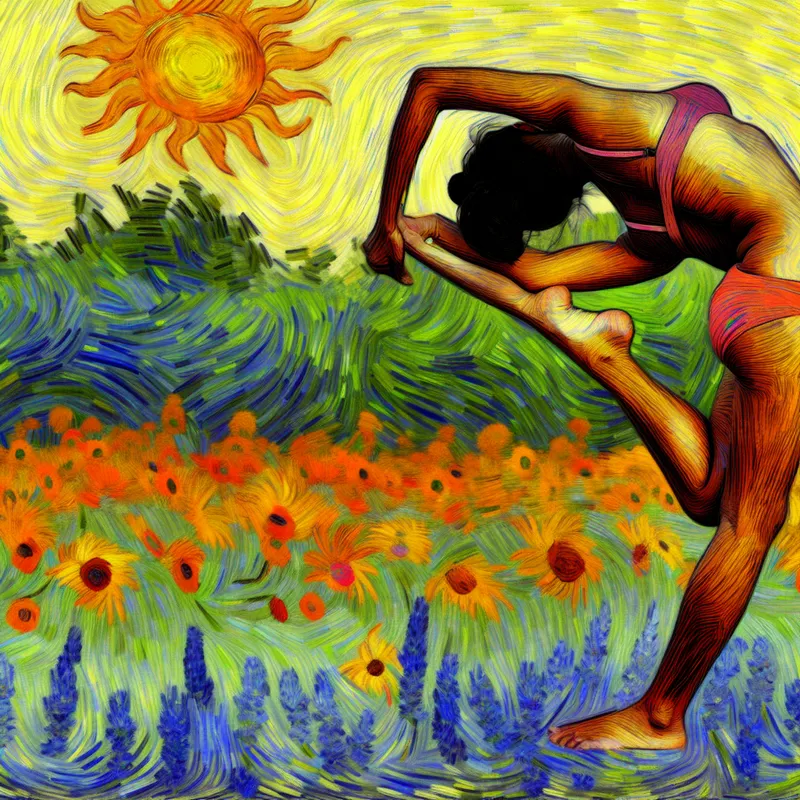 Een persoon buigt zich elegant voorover om zijn tenen aan te raken in een kleurrijk veld vol wilde bloemen.