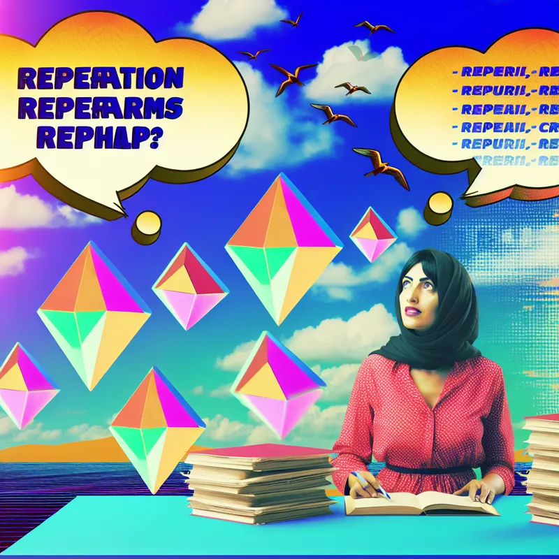 Een persoon zit aan een bureau omringd door stapels papier en geometrische vormen, zichtbaar gefrustreerd bij het oplossen van complexe taken, in een retro-futuristisch decor.