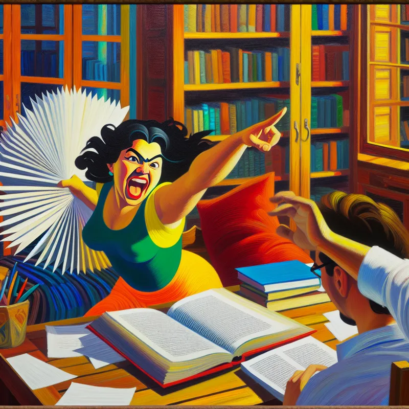 Een persoon zit aan een bureau met een open boek en wijst enthousiast naar pagina 45, omringd door papieren in een gezellige studeerkamer.