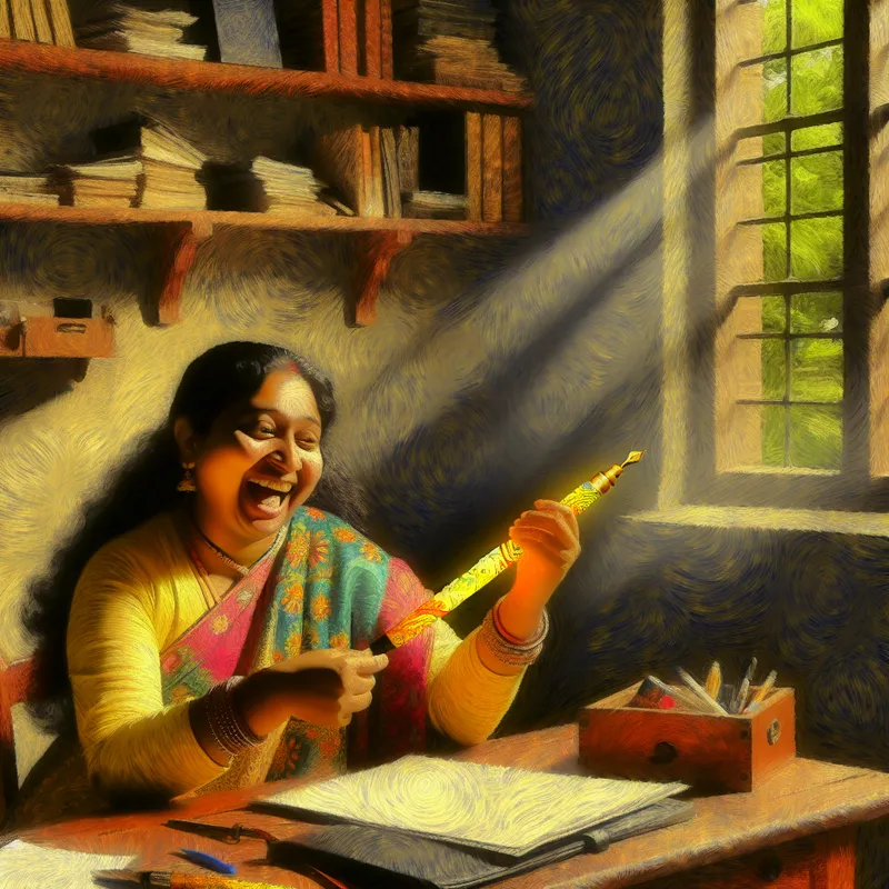 Een persoon in een gezellige studeerkamer, blij en enthousiast met een nieuwe, glanzende pen in de hand