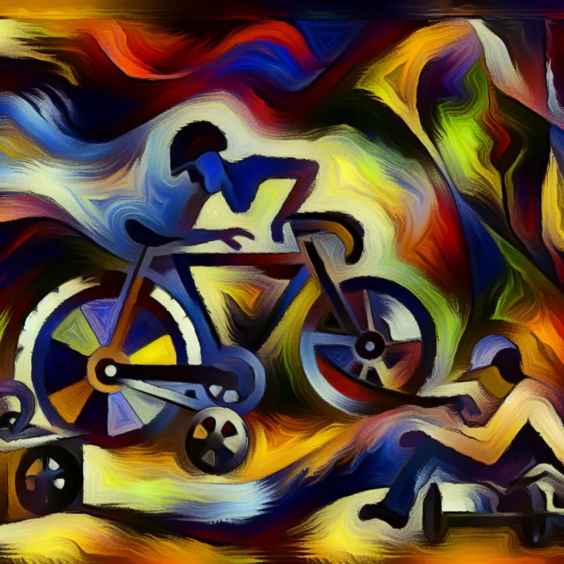 Abstract voorstelling van een persoon die aan een fiets werkt in een chaotische, levendige omgeving, met schroeven en fietsonderdelen rond de fiets verspreid.