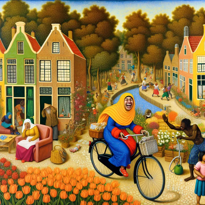 Een jonge vrouw met een blije uitstraling fietst door een drukke straat vol leven en activiteit, omringd door huizen en bloeiende tuinen.