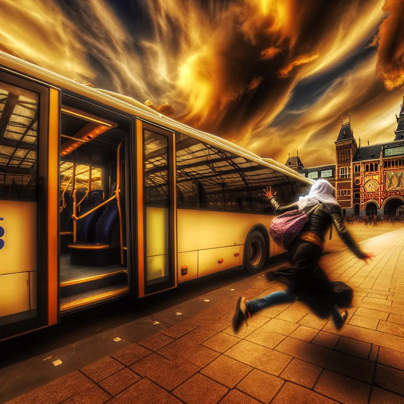 Een persoon in beweging rent naar een bus die net op het punt staat te vertrekken bij een druk busstation.