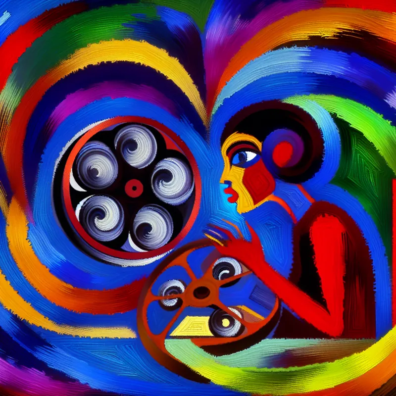 Kleurvolle abstracte compositie van een persoon die diep nadenkt over films, omringd door energieke penseelstreken die gedachten en ideeën uitdrukken.