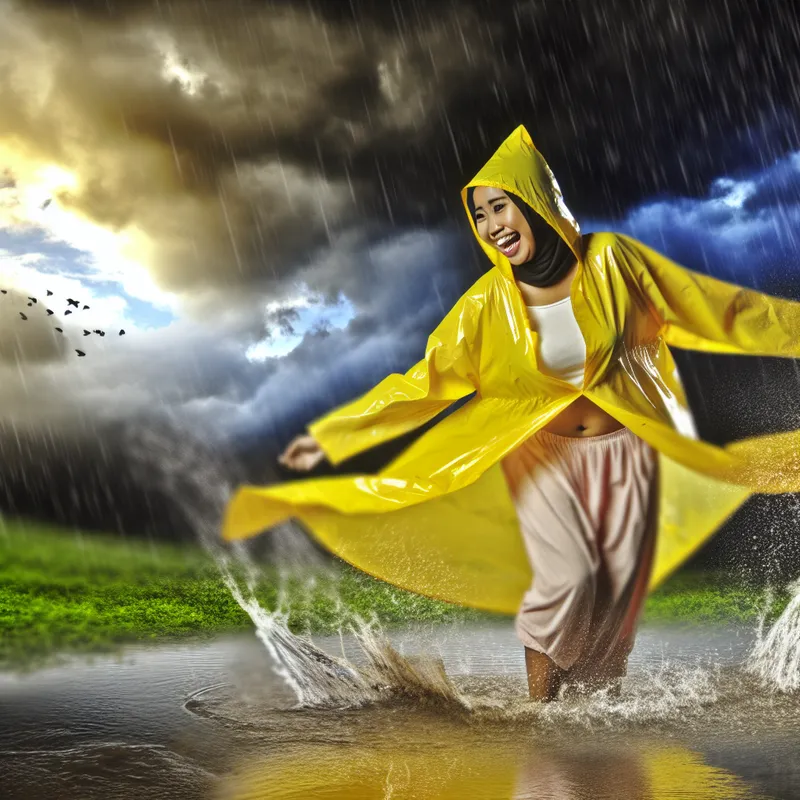 Een persoon in een helder gele regenjas spat vrolijk door een plas tijdens een zware regenbui.