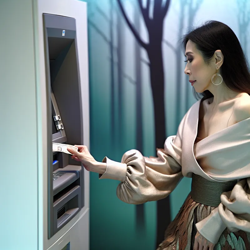 Een persoon haalt geld uit een moderne bankautomaat, met een hand op de machine terwijl het geld uit de gleuf komt.