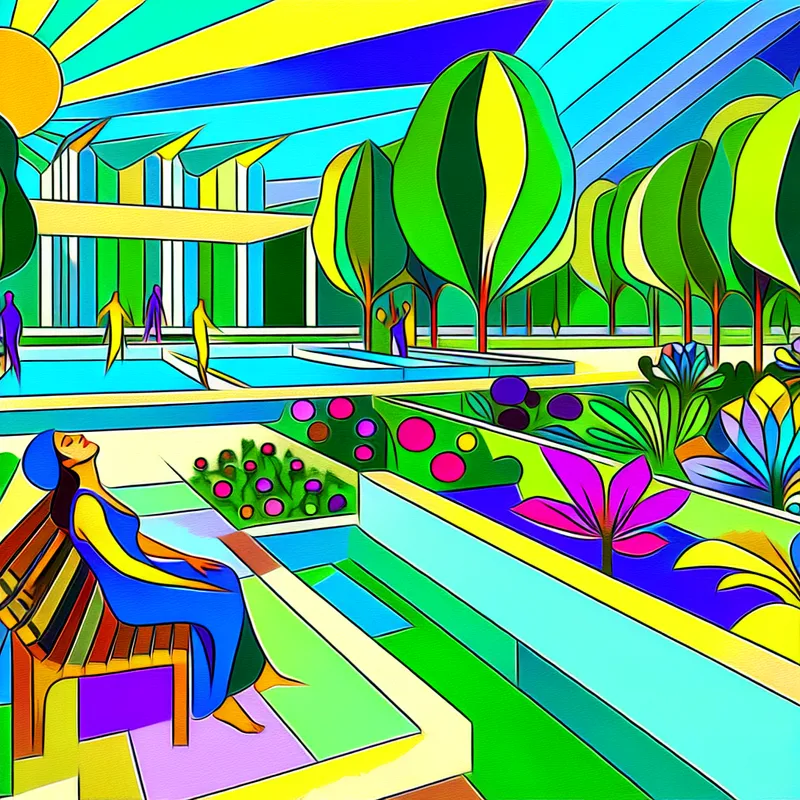 Een persoon zit ontspannen op een bank in een park op een zonnige dag, omringd door groen en kleurrijke bloemen.