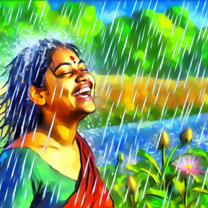 Persoon die buiten staat na de regen, diep inademend en genietend van de frisse lucht, met glinsterende druppels op bladeren en bloemen op de achtergrond.