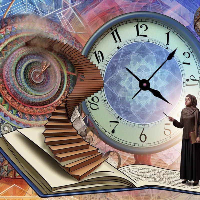 Een persoon staat voor een grote geometrisch ontworpen klok, omringd door surrealistische patronen en een trap die leidt naar een open boek, met boeken en aantekeningen rondom.