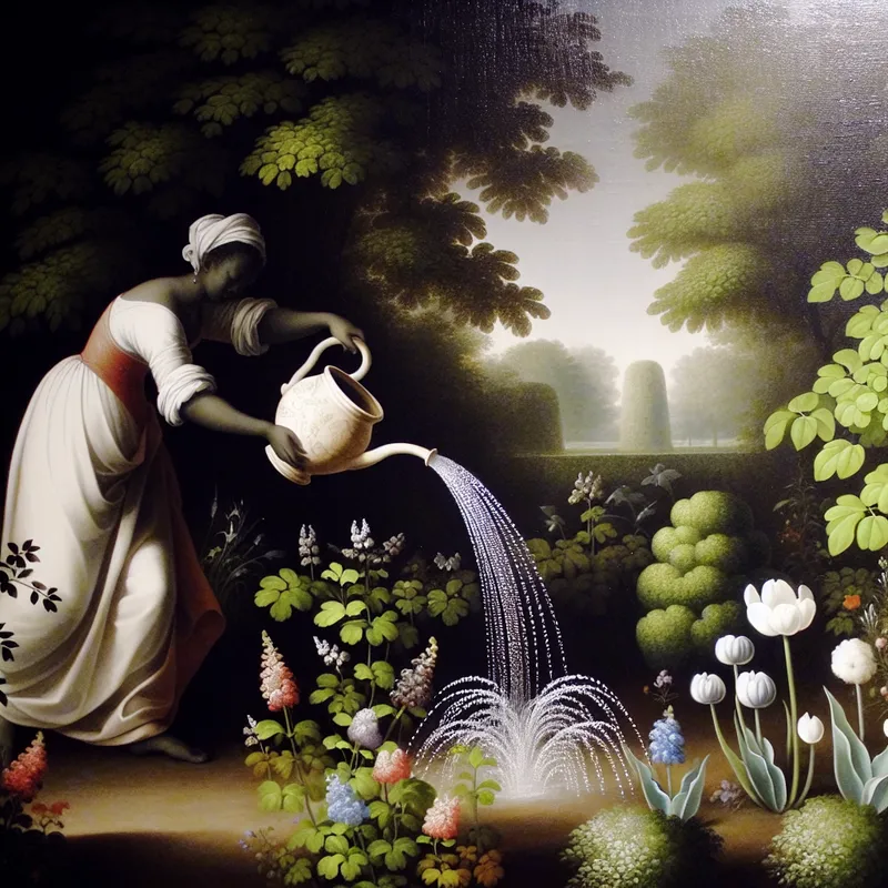 Een persoon giet water uit een decoratieve pot in een bloembed, omringd door kleurrijke bloemen en groen