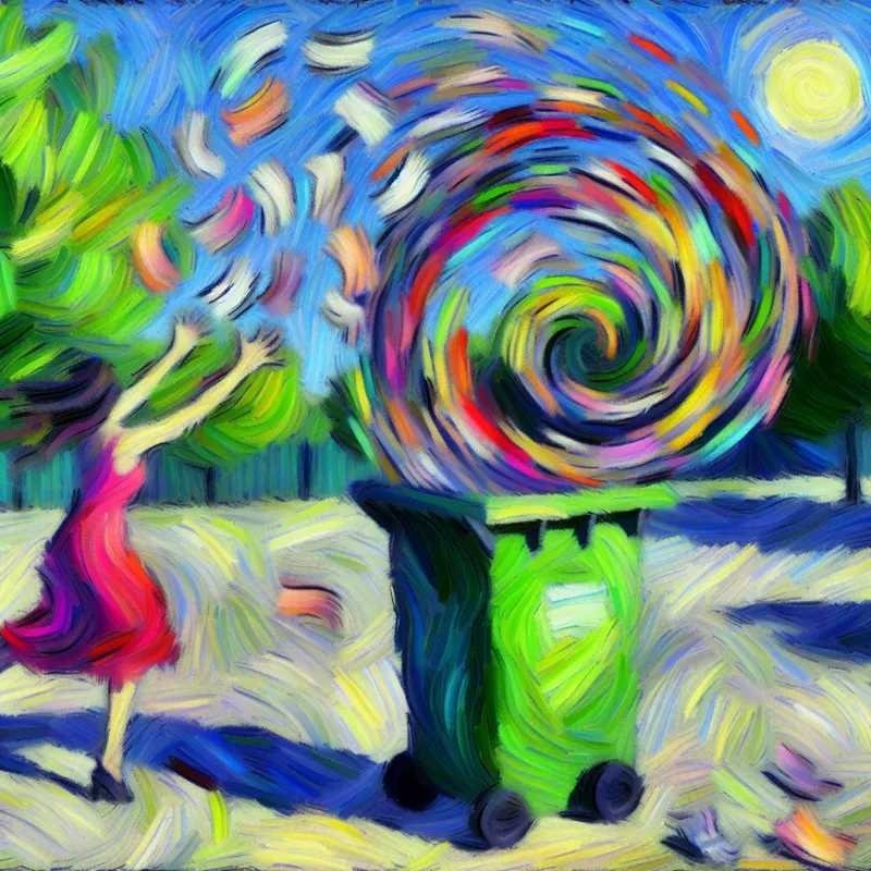 Persoon gooit gekreukte papieren in een kleurrijke prullenbak in een levendig park, met dynamische penseelstreken.