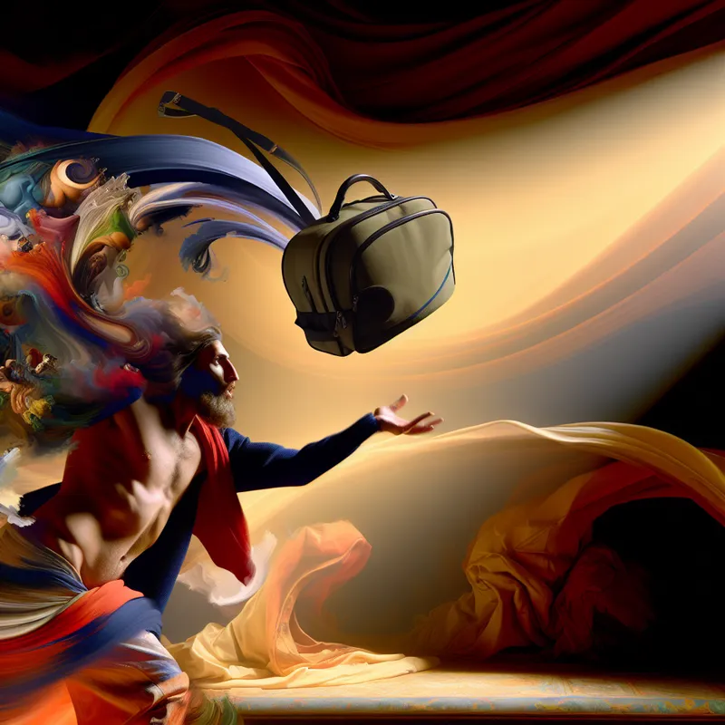 Een persoon gooit zijn rugzak op de grond in een dramatische beweging, omgeven door een kleurrijke achtergrond