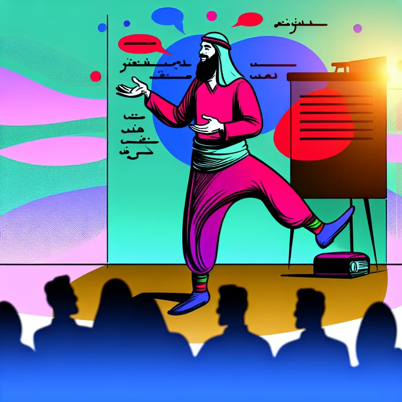 Illustratie van een persoon die gepassioneerd een idee presenteert met behulp van expressieve lichaamstaal en gebaren.