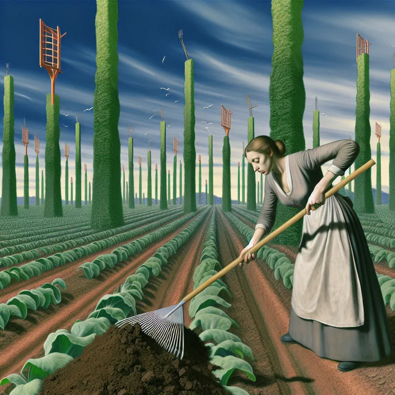 Een persoon harkt met vastberadenheid de donkere aarde in een surrealistische tuin met grote planten en een heldere lucht.