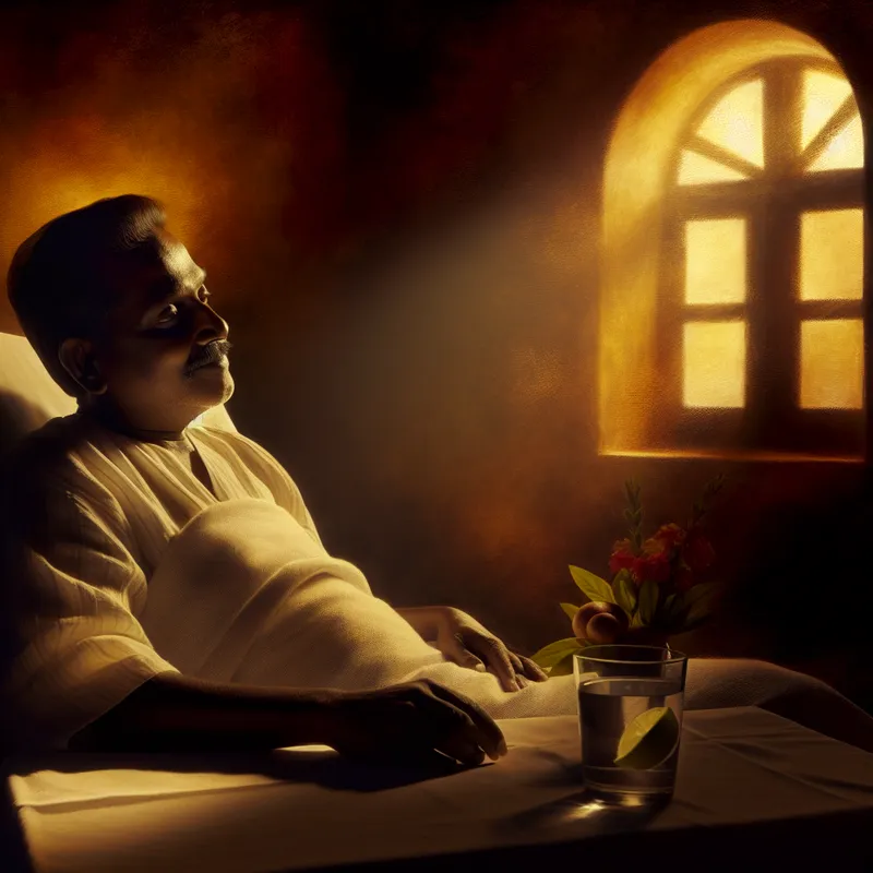Een persoon die rust in een sfeervol verlichte kamer na een operatie, omringd door aardetinten, met een glas water en verse bloemen op de tafel.