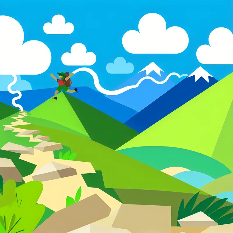 Minimalistische illustratie van een persoon die enthousiast een bergpad op hike, met een blauwe lucht en groene heuvels.