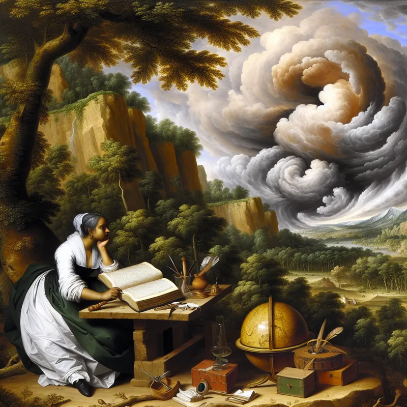 Een persoon in historische kleding zit aan een rustieke houten tafel met een groot boek, omringd door symbolen van complexe onderwerpen zoals een globe en wetenschappelijke instrumenten, onder een dramatische lucht.