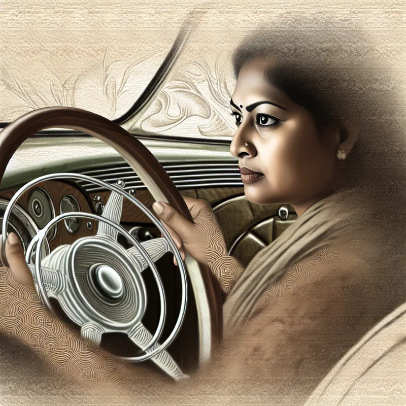 Een persoon die vastberaden het stuur van een klassieke auto vasthoudt, met de nadruk op de texturen van het stuur en het elegante interieur.