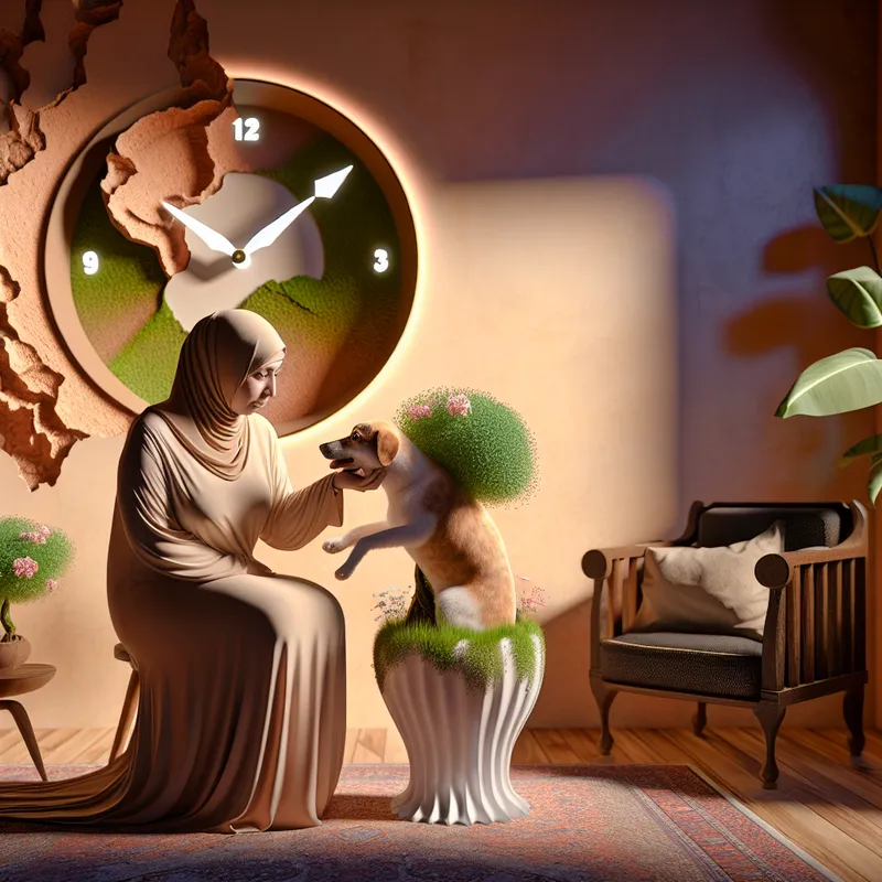 Een persoon die een huisdier omarmt in een rustige, warme binnenruimte met een surrealistische achtergrond.