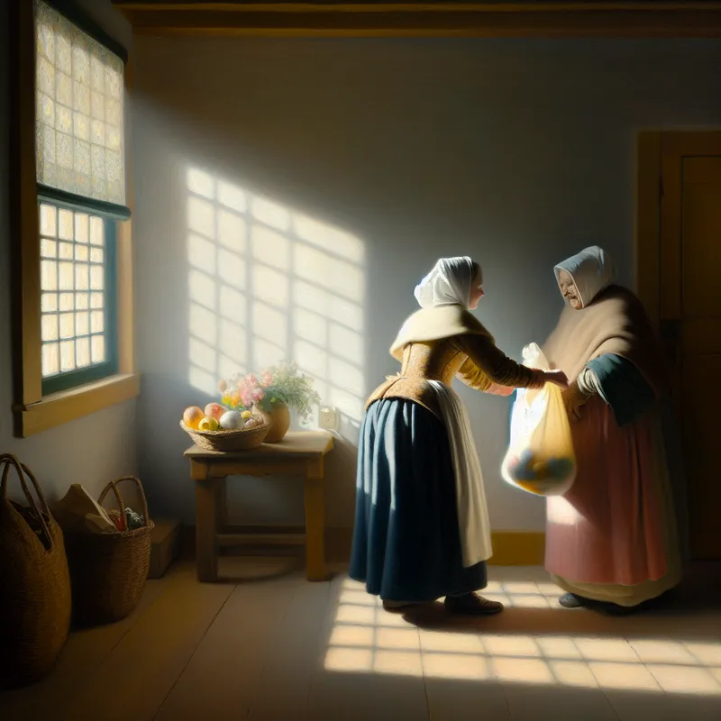 Een persoon helpt een oudere buur met het dragen van boodschappentassen in een warme, sfeervolle kamer.