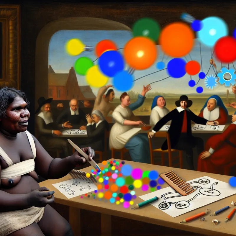 Een persoon aan een rommelig bureau met kleurrijke ideeën in de lucht, bezig met het ordenen van elementen zoals gloeilampen en tandwielen met een kamachtig gereedschap.