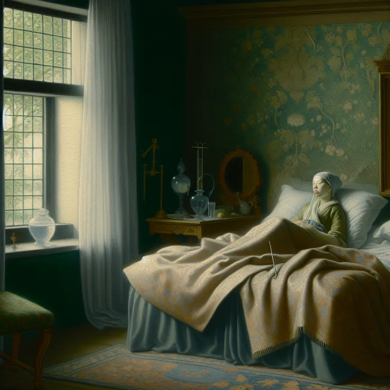 Persoon in bed met koorts, omgeven door elegant beddengoed en zachte verlichting
