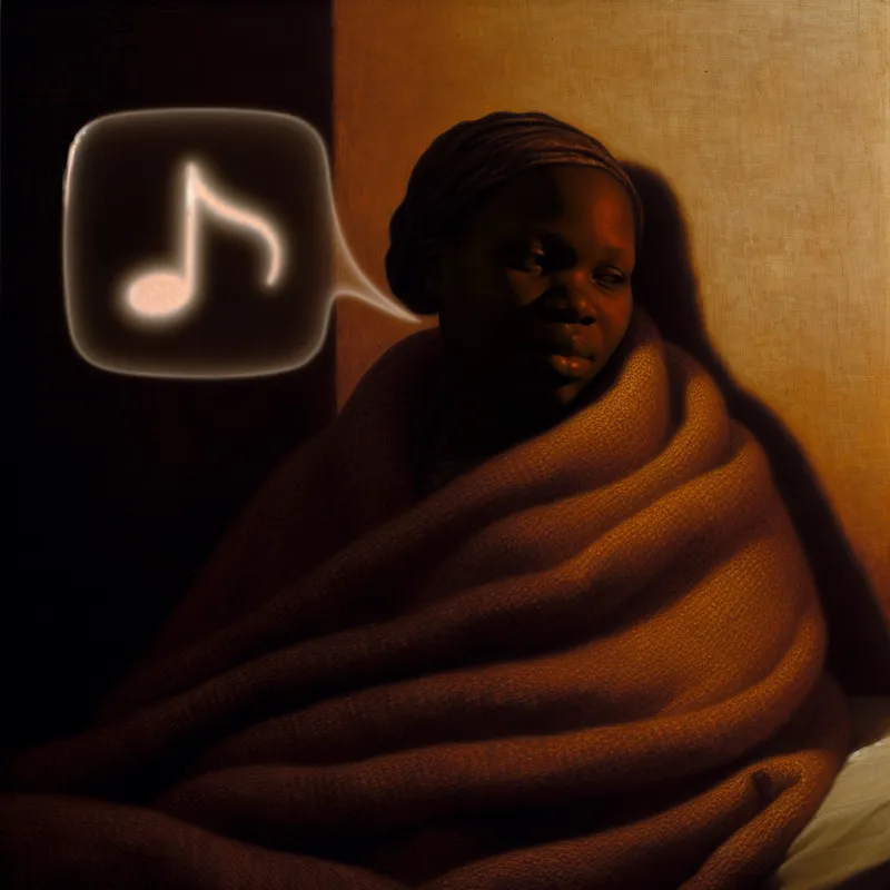 Persoon in bed omringd door dekens met een zacht licht op hun gezicht, terwijl ze zachtjes spreken met een piepende stem.