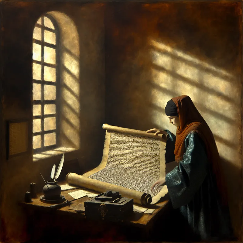 Een persoon in een bureaucratisch kantoor die een groot, oud perkament met ingewikkelde juridische teksten bestudeert.