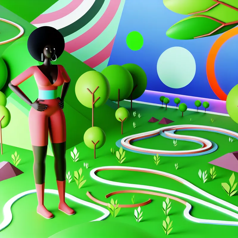 Een persoon staat met beide voeten stevig op de grond, omringd door groene natuur en geometrische vormen die de verbinding met de aarde symboliseren.