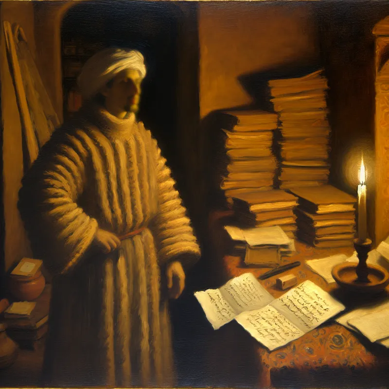 Een persoon staat nadenkend in een zwak verlichte kamer vol boeken en papieren, met een brandende kaars die hun gezicht verlicht.