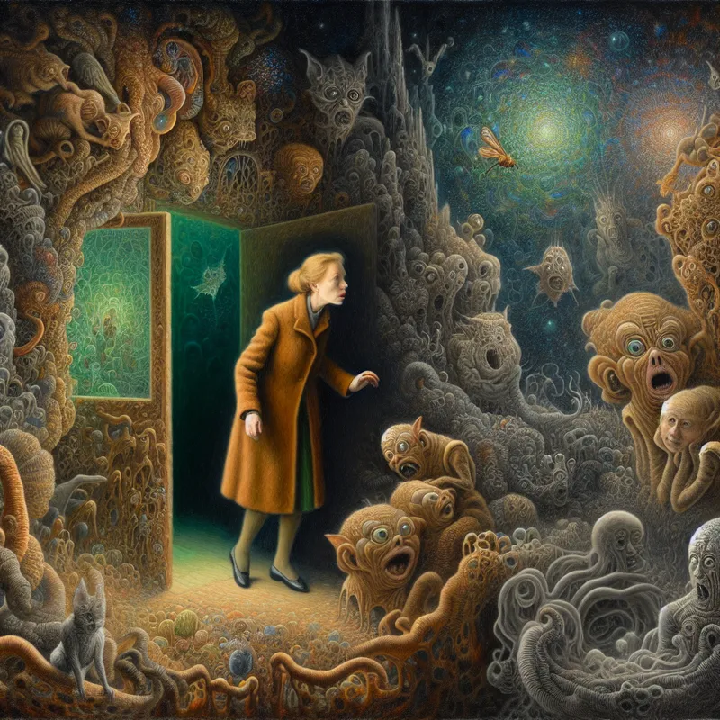 Een persoon die een schemerige kamer binnenloopt, omringd door vreemde, fantasierijke wezens met uitdrukkingen van spanning en vreugde.