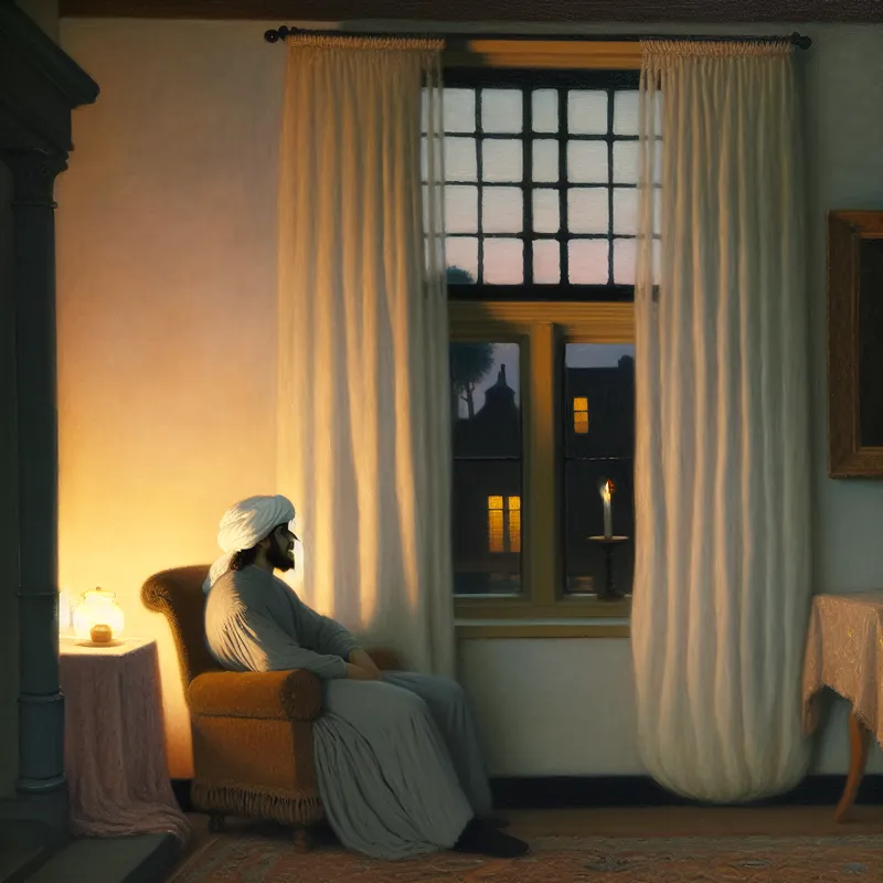 Een persoon in gedachten verzonken zit in een stijlvol ingerichte kamer met een groot raam tijdens de schemering.