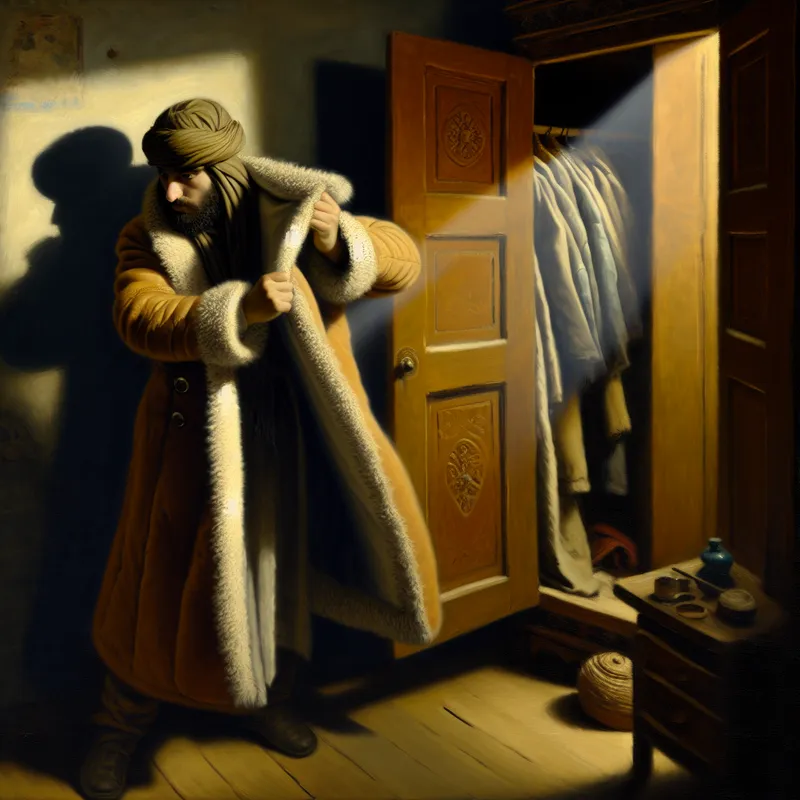 Een persoon in een gezellige kamer die moeite heeft om een dikke winterjas aan te trekken.