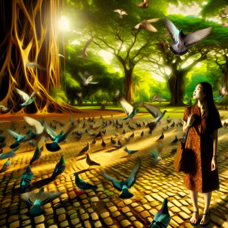 Een persoon in een levendig park kijkt om zich heen voor het oversteken van een straat met kinderkopjes, omringd door rijdende vogels en hoge, weelderige bomen.