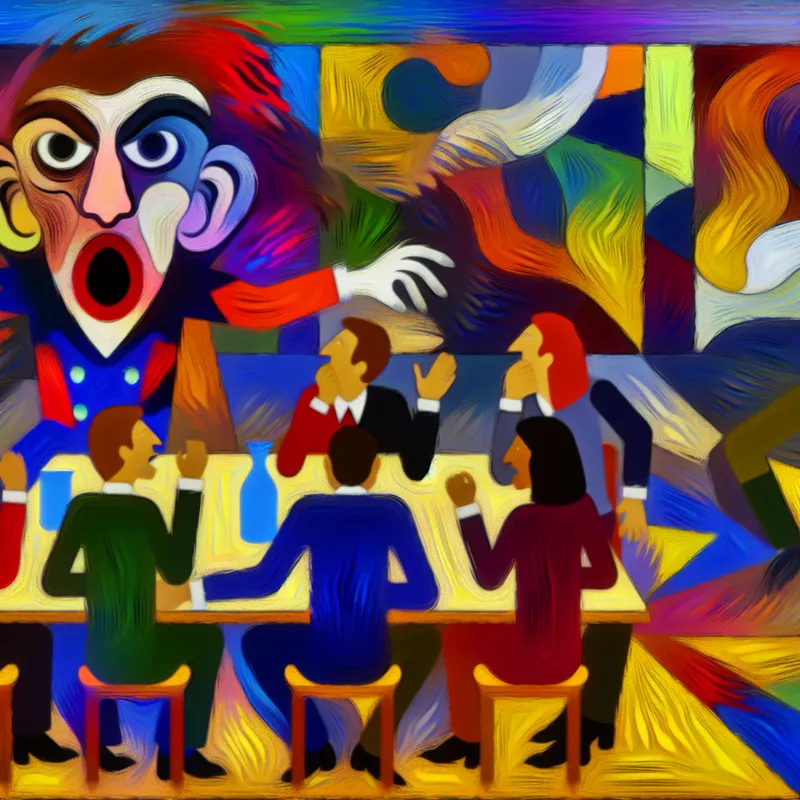 Een kleurrijke abstracte afbeelding van een persoon die ongepast een discussie onderbreekt tussen een groep gefrustreerde mensen.