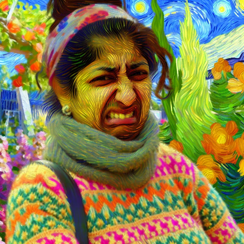 Een persoon in een onaantrekkelijke trui staat in een kleurrijke omgeving met bloeiende bloemen en stralend zonlicht, zijn/haar gezicht toont schaamte.