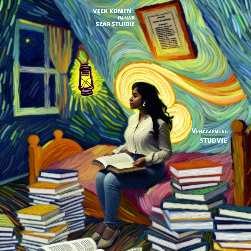 Een persoon omringd door stapels boeken in een gezellige studeerkamer, met een diploma aan de muur, symboliserend academische vooruitgang en toewijding.