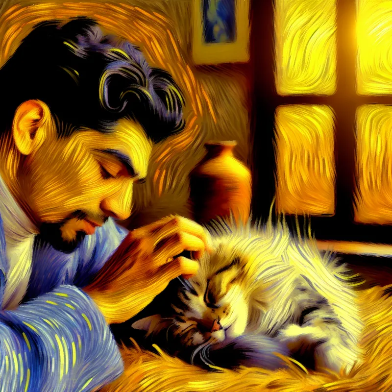 Een persoon streelt voorzichtig de zachte vacht van een kat die met gesloten ogen zit, in een gezellige binnenomgeving.