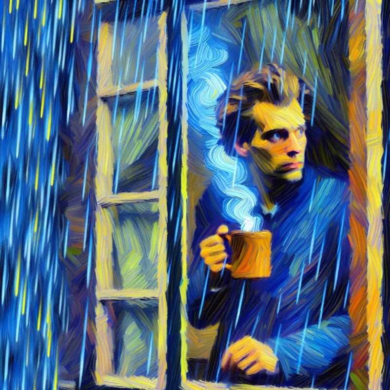 Persoon met kopje kijkt vanuit raam naar regenbui