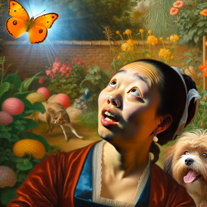 Een persoon in een zonnige tuin kijkt verwonderd omhoog naar een kleurrijke vlinder.