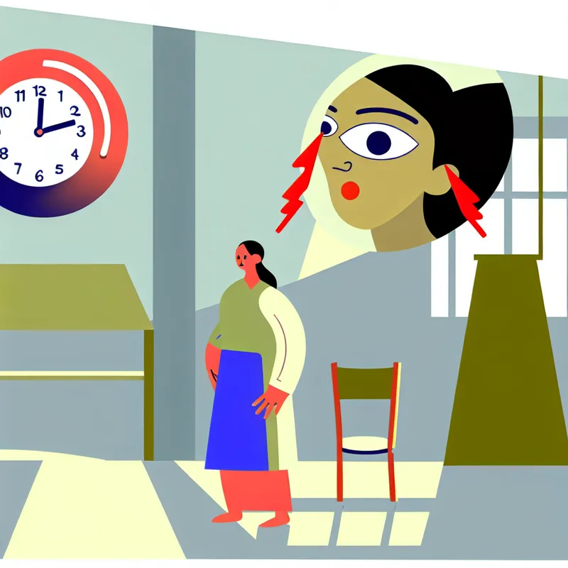 Minimalistische illustratie van een persoon die snel naar een grote wandklok kijkt in een lichte kamer.