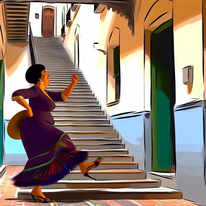 Een persoon die energiek een trap op klimt naar hun appartement, omringd door warme kleuren die het dagelijkse leven vastleggen.